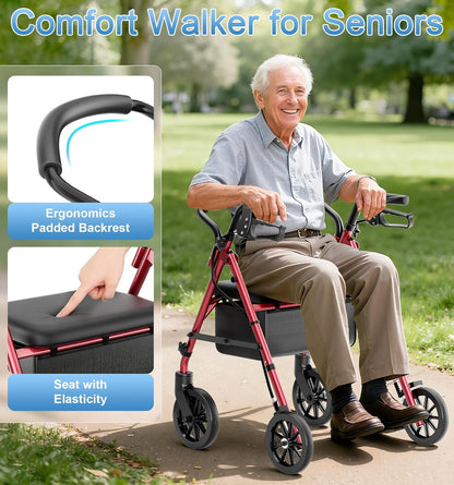 Walkers for Seniors with Seat, Lightweight 16 Pounds Folding Rolling Walker with 6-Inch Puncture-Resistant Wheel, 5-Level Height Adjustable, 300 lb Weight Capacity