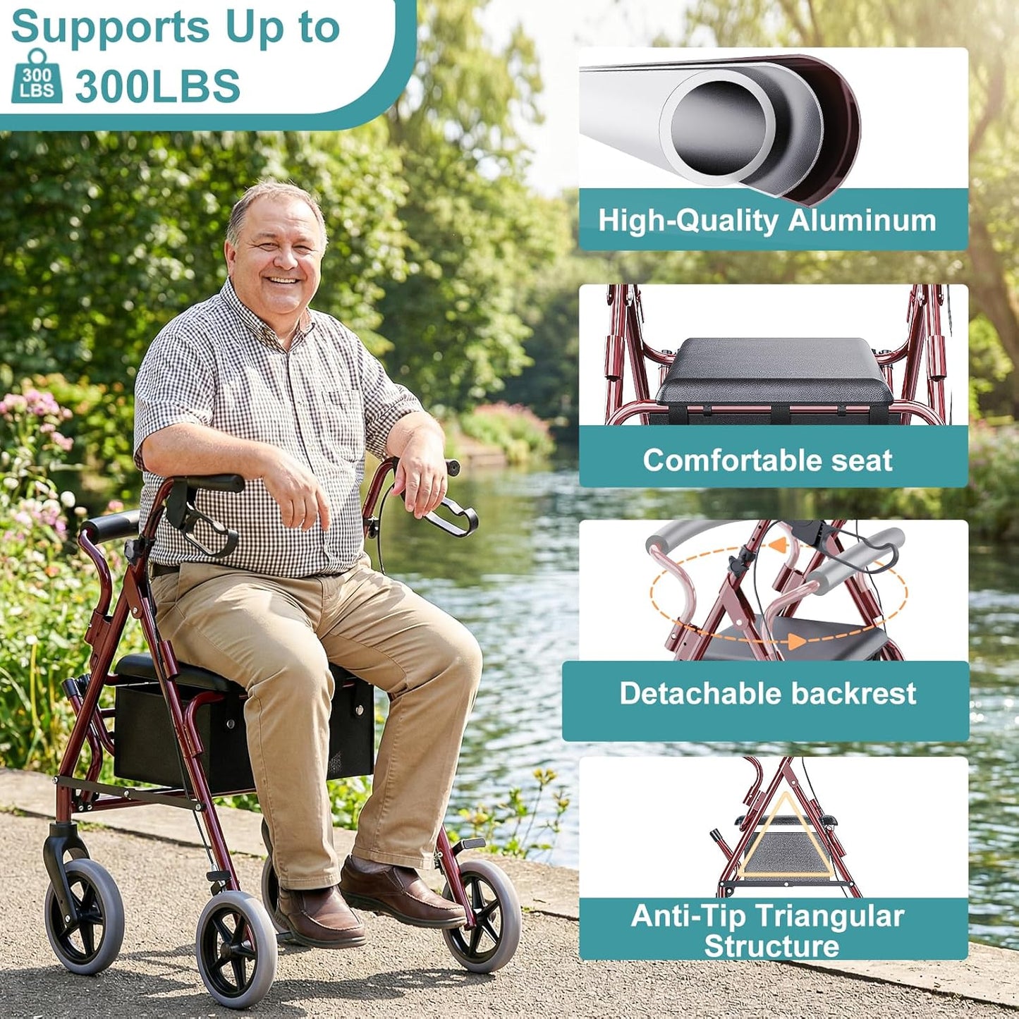Deeptita Rollator Walkers for Seniors with Seat, 2-in-1 Rolling Walker Wheelchair Combo, 8 Inch All-Terrain Wheels, 300 lbs Capacity, Foldable Lightweight Walking Aid with Storage Bag, Adjustable Handles, Red
