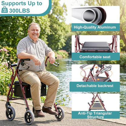 Deeptita Rollator Walkers for Seniors with Seat, 2-in-1 Rolling Walker Wheelchair Combo, 8 Inch All-Terrain Wheels, 300 lbs Capacity, Foldable Lightweight Walking Aid with Storage Bag, Adjustable Handles, Red