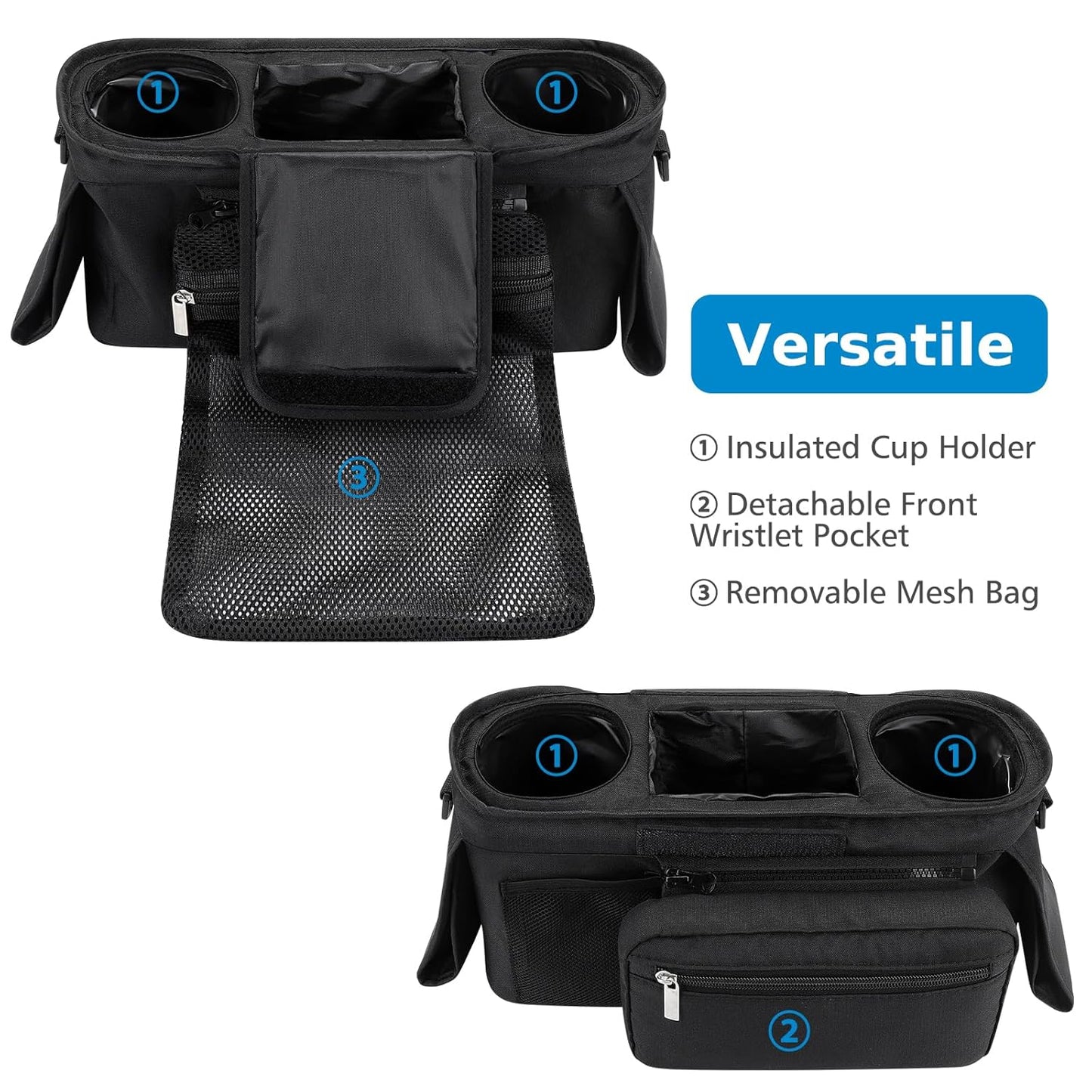 Accmor Universal Stroller Organizer with Insulated Cup Holder, Detachable Phone Bag and Shoulder Strap, Stroller Bag Caddy Organizer Fits for Uppababy, Baby Jogger, Britax Strollers