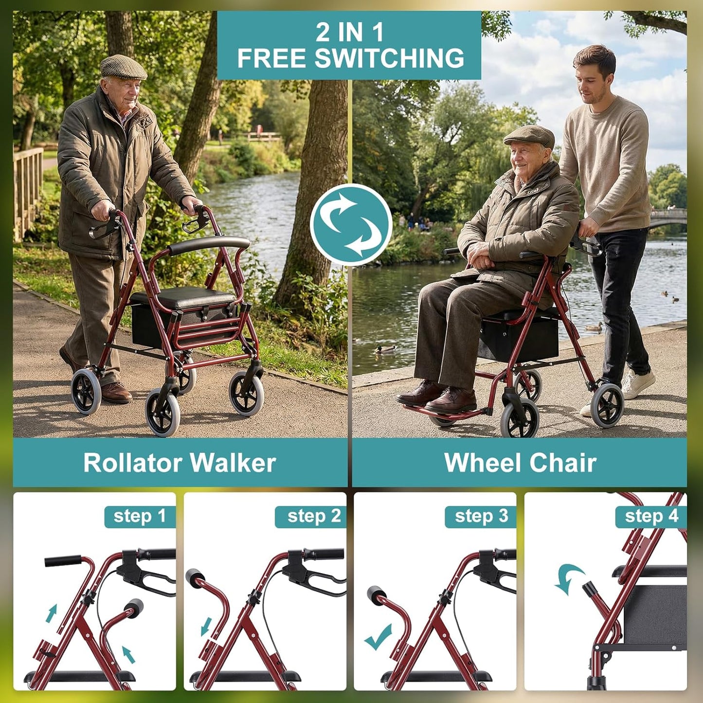 Deeptita Rollator Walkers for Seniors with Seat, 2-in-1 Rolling Walker Wheelchair Combo, 8 Inch All-Terrain Wheels, 300 lbs Capacity, Foldable Lightweight Walking Aid with Storage Bag, Adjustable Handles, Red