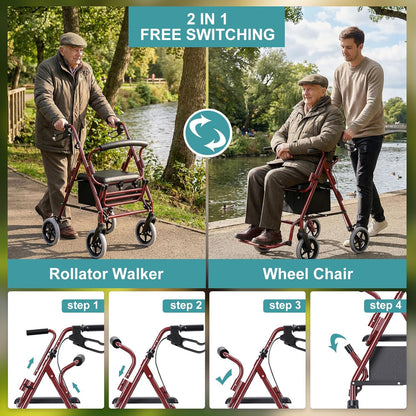Deeptita Rollator Walkers for Seniors with Seat, 2-in-1 Rolling Walker Wheelchair Combo, 8 Inch All-Terrain Wheels, 300 lbs Capacity, Foldable Lightweight Walking Aid with Storage Bag, Adjustable Handles, Red