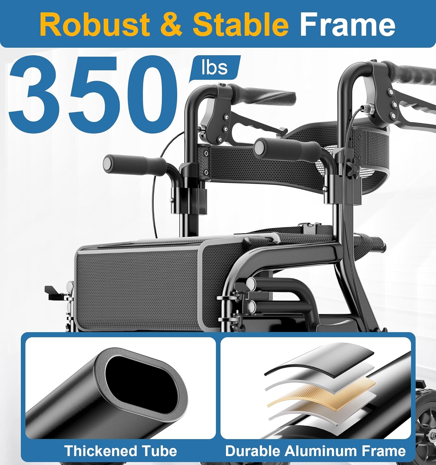 Deeptita 2 in 1 wheelchair combo, folding walker with seat, 350-pound capacity walker for seniors, easy to convert walker with removable footrest and bag of