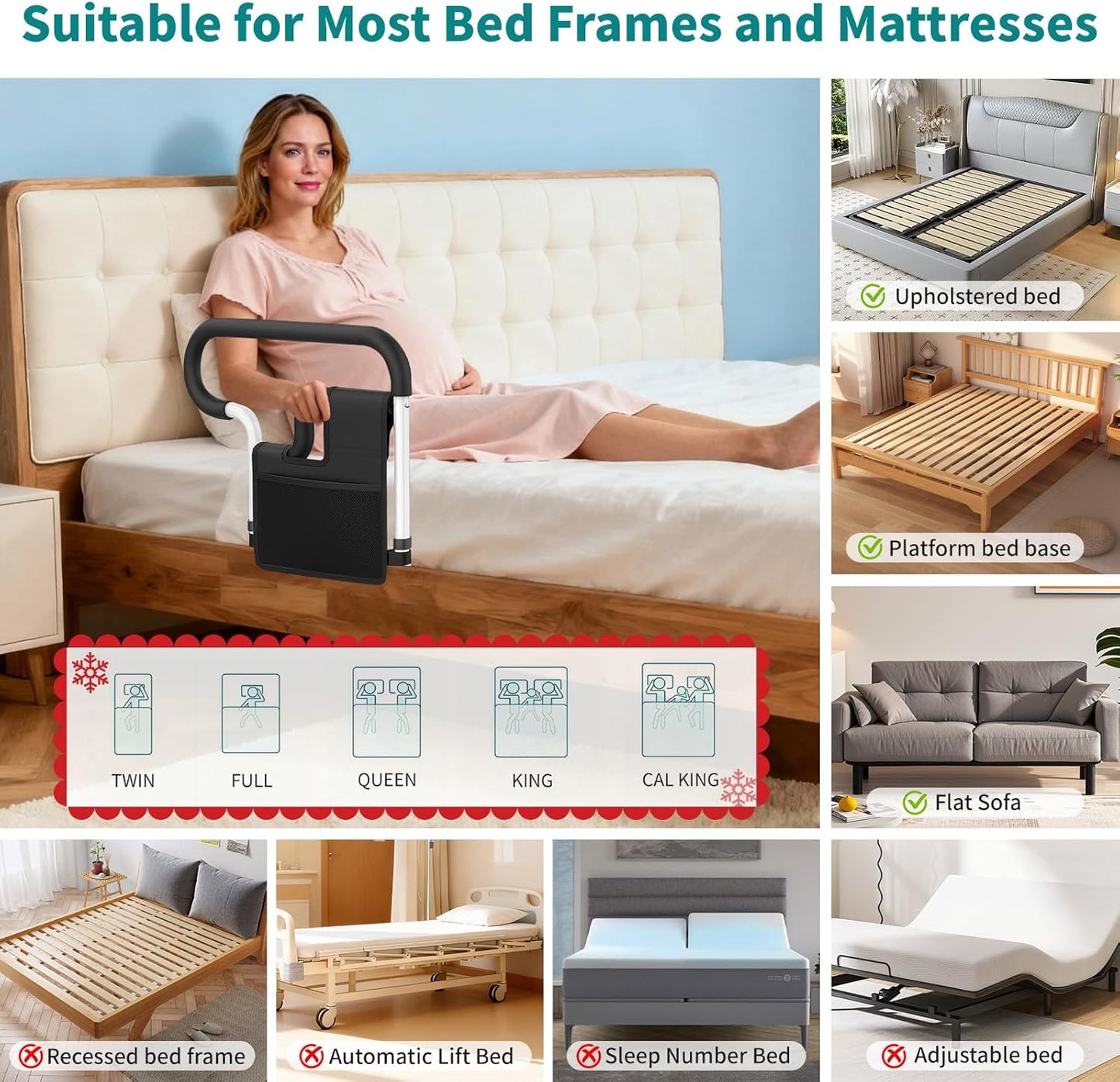 Deeptita Bed Rails for Elderly Adults Safety, Height and Length Adjustable Bed Assist Rail for Senior, Bedrail with 2 Bag & Strap, Help Get in & Out of Bed, Fit Most Bed, Supports 300 lbs, Tool-Free