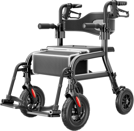 Deeptita 2 in 1 wheelchair combo, folding walker with seat, 350-pound capacity walker for seniors, easy to convert walker with removable footrest and bag of
