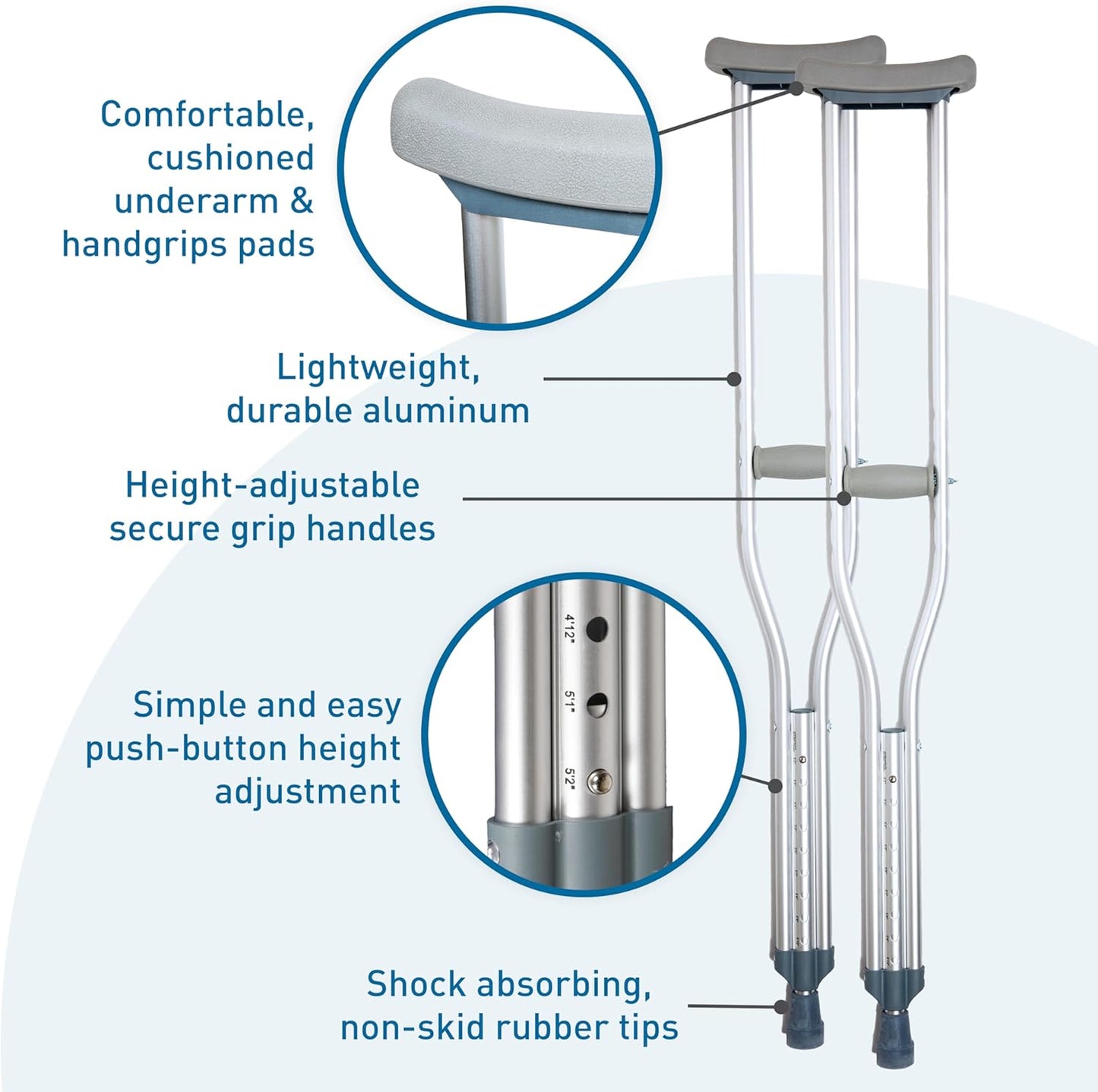 Deeptita Aluminum Crutches for Adults and Children – Pair of Lightweight, Height Adjustable Crutches – Includes Padded Underarm Cushions, Hand Grips, & Rubber Tips – Max. Weight Capacity 300 lb.