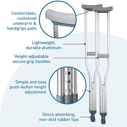 Deeptita Aluminum Crutches for Adults and Children – Pair of Lightweight, Height Adjustable Crutches – Includes Padded Underarm Cushions, Hand Grips, & Rubber Tips – Max. Weight Capacity 300 lb.