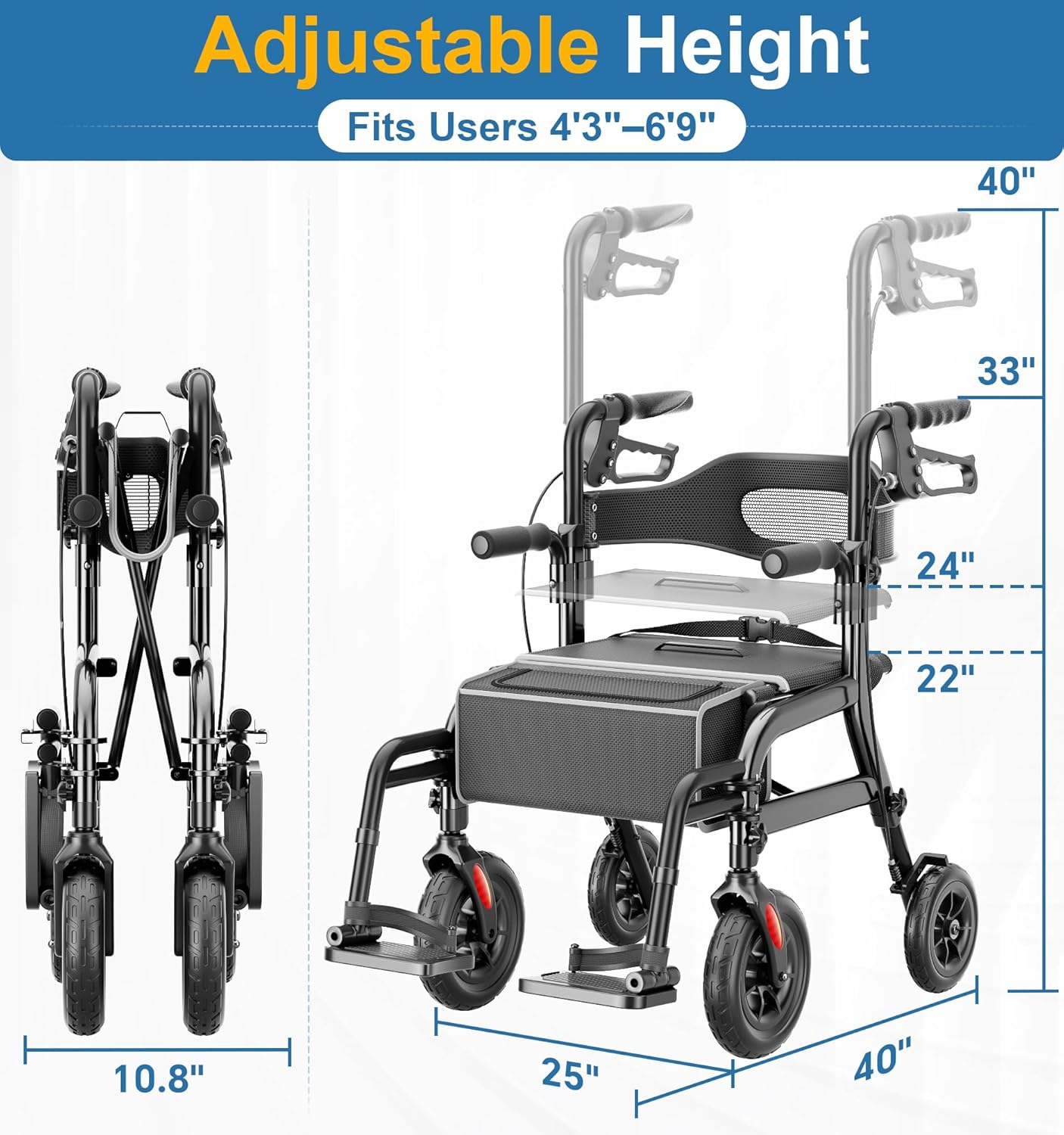 Deeptita 2 in 1 wheelchair combo, folding walker with seat, 350-pound capacity walker for seniors, easy to convert walker with removable footrest and bag of