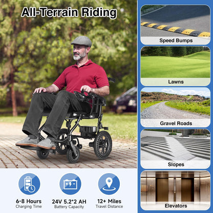 DEEPTITA Electric Wheelchairs for Adults, Lightweight Foldable Motorized Wheelchair with Removable Battery, Liftable Armrest, Airline Approved (30 Lbs, Grey)