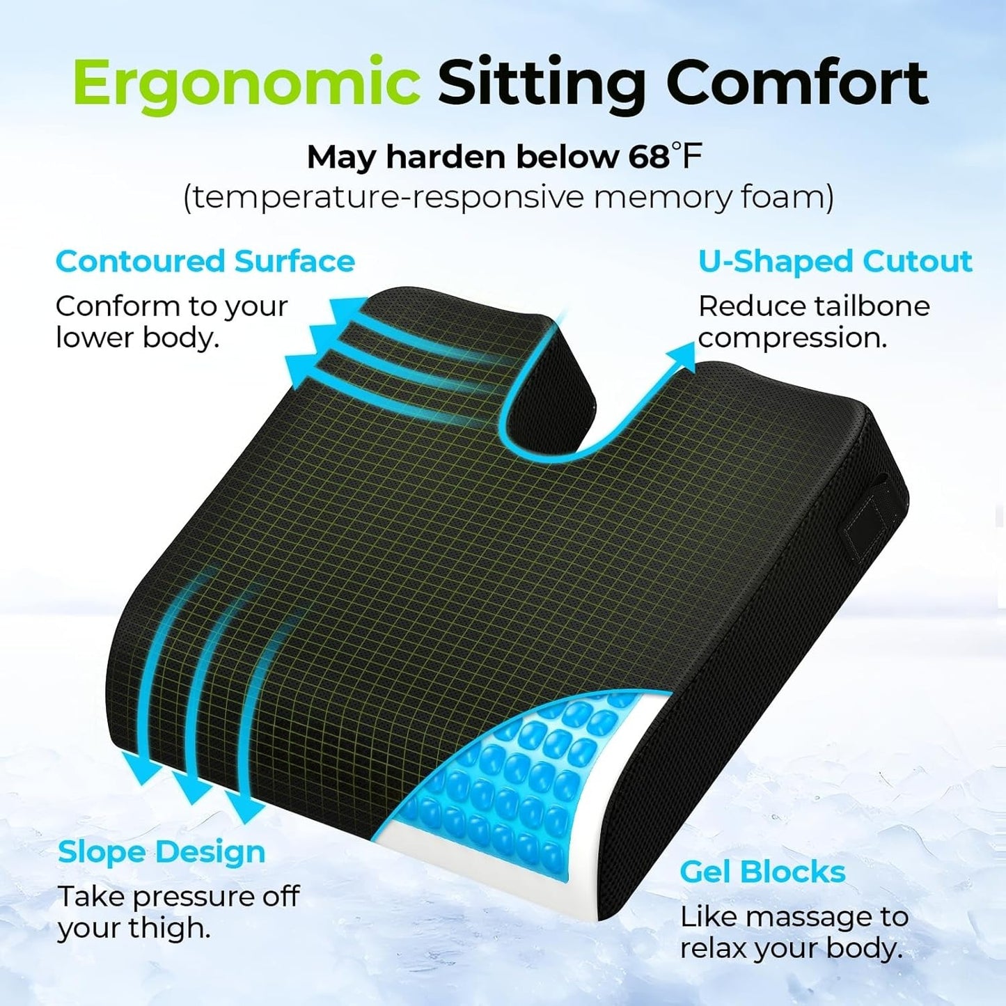DEEPTITA Gel Wheelchair Seat Cushion, Relieve Sciatica, Back, Coccyx, Pressure Sore and Ulcer Pain, Refreshing Ergonomic Chair Cushion with Waterproof Silk Fabric, Anti-Slip Cover