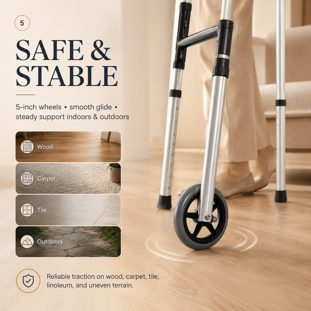 DeepTita Folding Front Wheel Walker, Home Travel, 5" Wheels, 350lb for modern home mobility, recovery, and everyday confidence