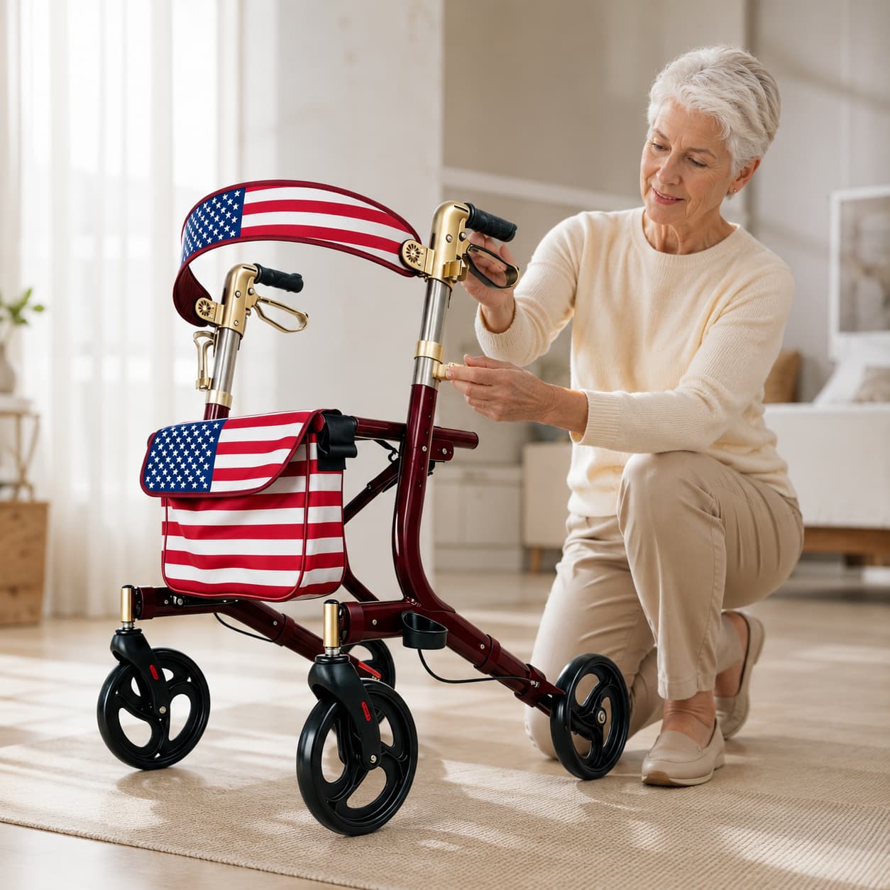 DeepTita American Flag Foldable Rollator Walker with Seat R1 for modern home mobility, recovery, and everyday confidence