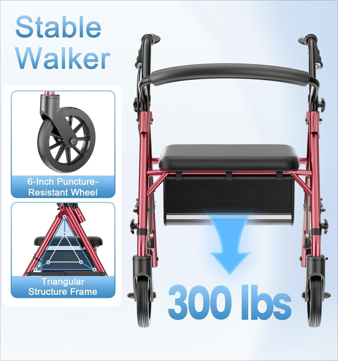 Walkers for Seniors with Seat, Lightweight 16 Pounds Folding Rolling Walker with 6-Inch Puncture-Resistant Wheel, 5-Level Height Adjustable, 300 lb Weight Capacity
