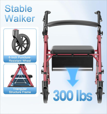 Walkers for Seniors with Seat, Lightweight 16 Pounds Folding Rolling Walker with 6-Inch Puncture-Resistant Wheel, 5-Level Height Adjustable, 300 lb Weight Capacity