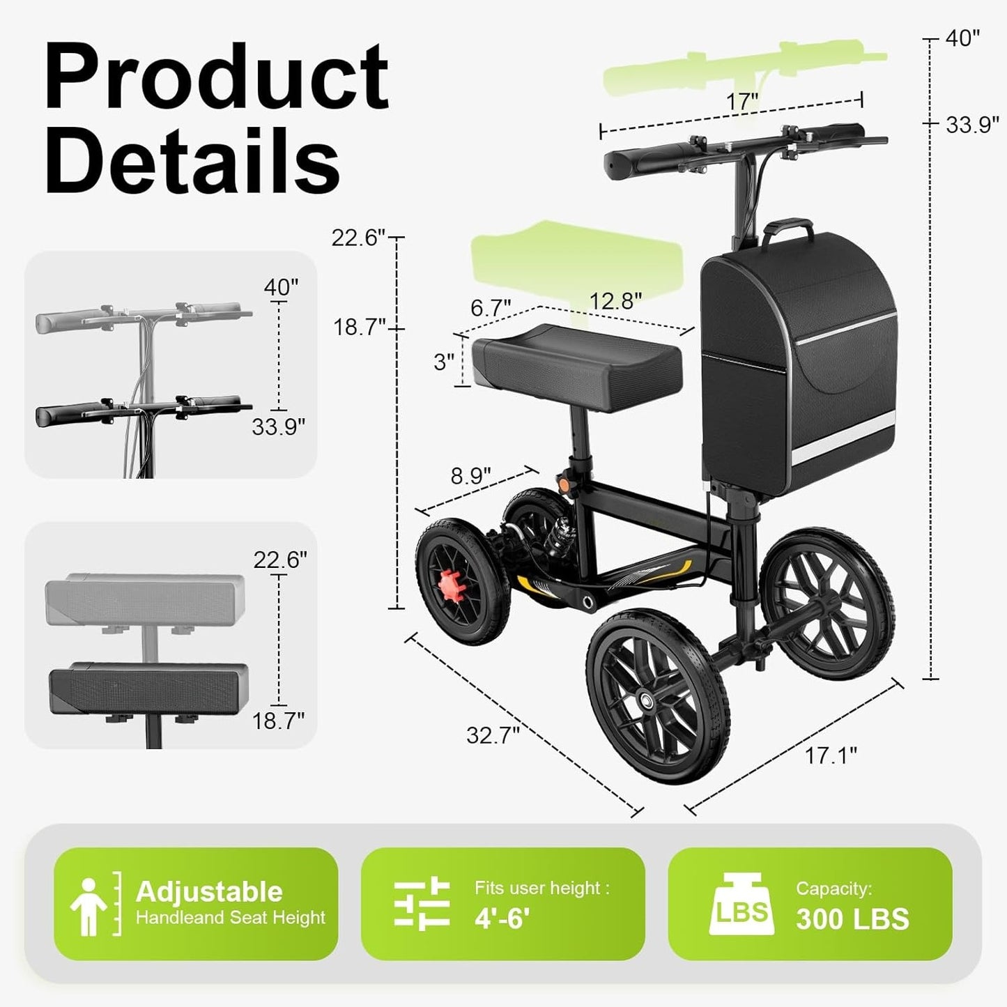 DEEPTITA Deluxe Medical Scooter Double Handbrake, All-Terrain Steerable Knee Scooter Crutch Alternative, for Adults with Injured Ankle & Foot Recovery in Black