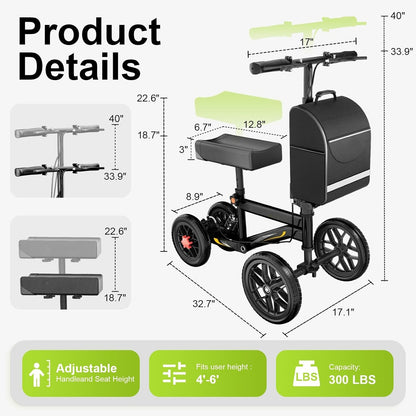 DEEPTITA Deluxe Medical Scooter Double Handbrake, All-Terrain Steerable Knee Scooter Crutch Alternative, for Adults with Injured Ankle & Foot Recovery in Black