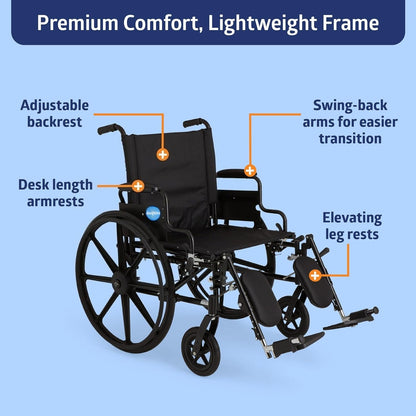 DEEPTITA Ultra-Lightweight Wheelchair with Flip-Back Desk Arms and Elevating Leg Rests for Extra Comfort, Black, 22” x 18" Seat