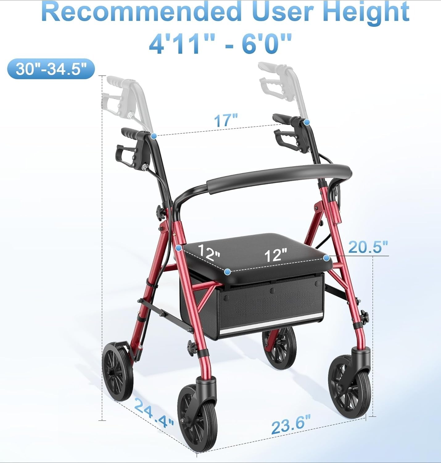 Walkers for Seniors with Seat, Lightweight 16 Pounds Folding Rolling Walker with 6-Inch Puncture-Resistant Wheel, 5-Level Height Adjustable, 300 lb Weight Capacity
