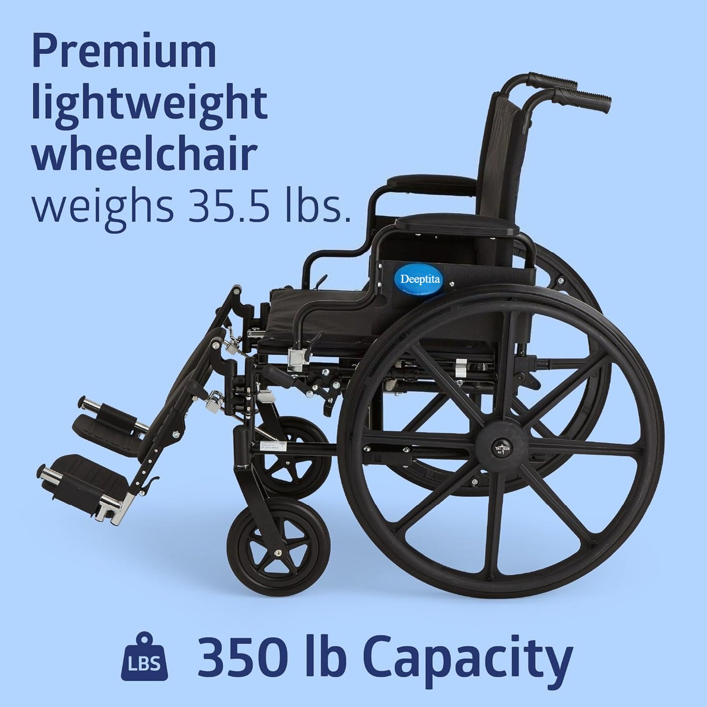 DEEPTITA Ultra-Lightweight Wheelchair with Flip-Back Desk Arms and Elevating Leg Rests for Extra Comfort, Black, 22” x 18" Seat