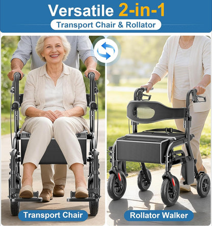 Deeptita 2 in 1 wheelchair combo, folding walker with seat, 350-pound capacity walker for seniors, easy to convert walker with removable footrest and bag of