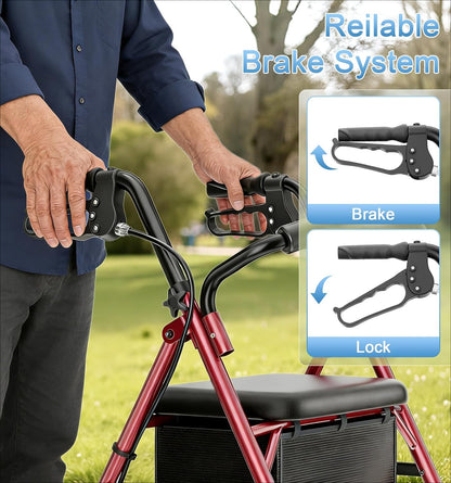 Walkers for Seniors with Seat, Lightweight 16 Pounds Folding Rolling Walker with 6-Inch Puncture-Resistant Wheel, 5-Level Height Adjustable, 300 lb Weight Capacity